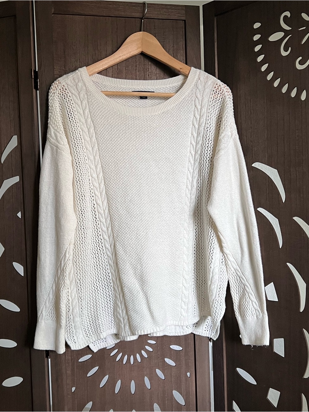 American Eagle Outfitters Cream Cable & Open-Knit Crewneck Sweater